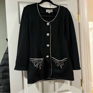 St. John Black Jacket with Silver Bow and Crystal Accents